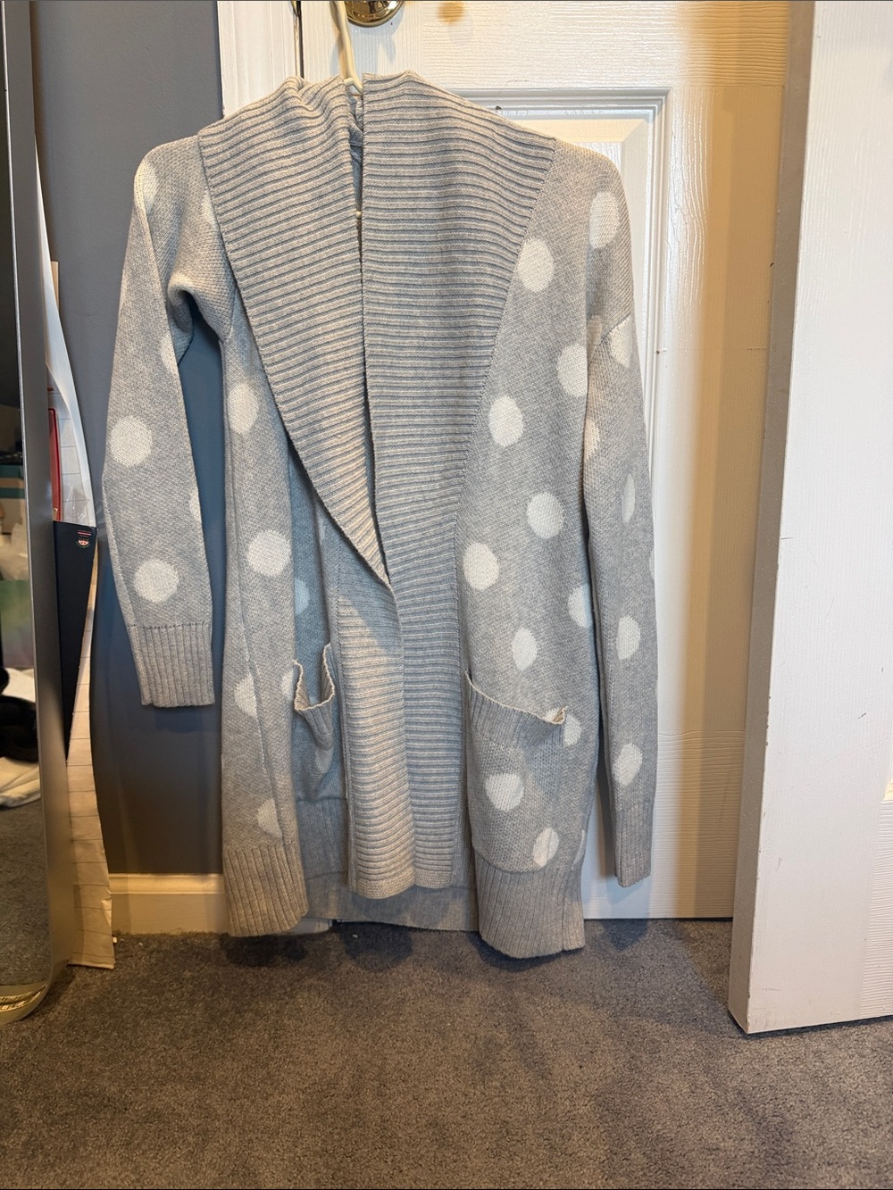 Charter Club Gray and White Polka Dot Open-Front Cardigan